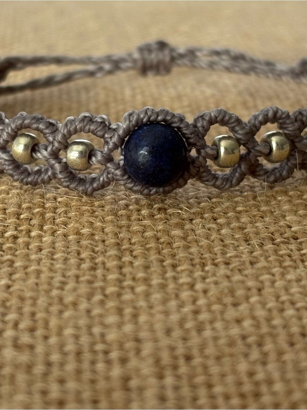 Handmade Gray Macramé Bracelet with Navy Stone and Gold Beads